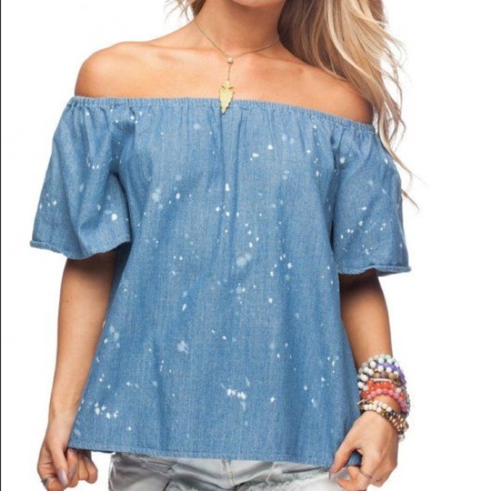 Buddy Love Off The Shoulder Denim Splatter Top